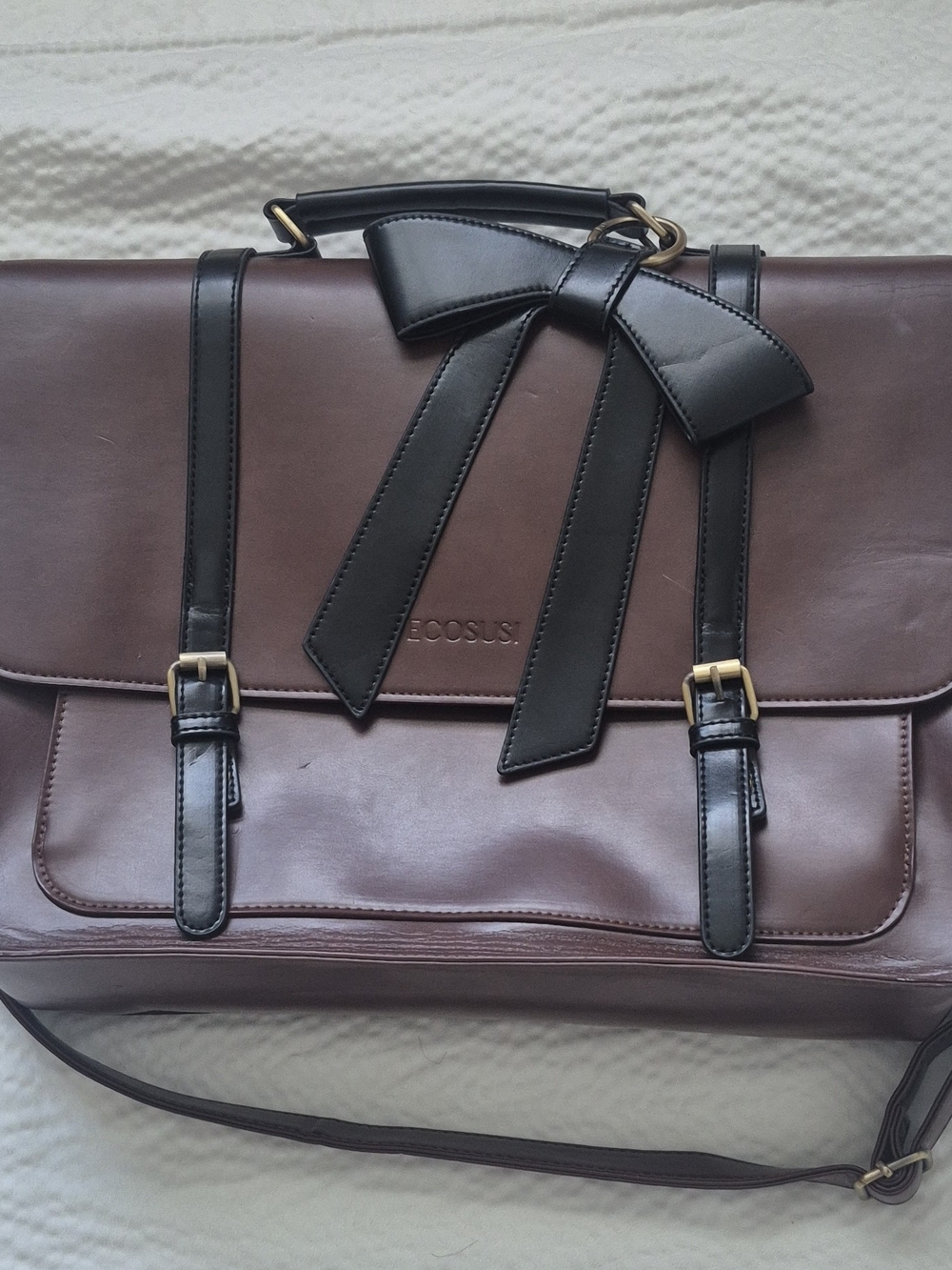 Ecosusi Messenger Bag Brown Black Bow Accent Adjustable Strap Pockets Unisex